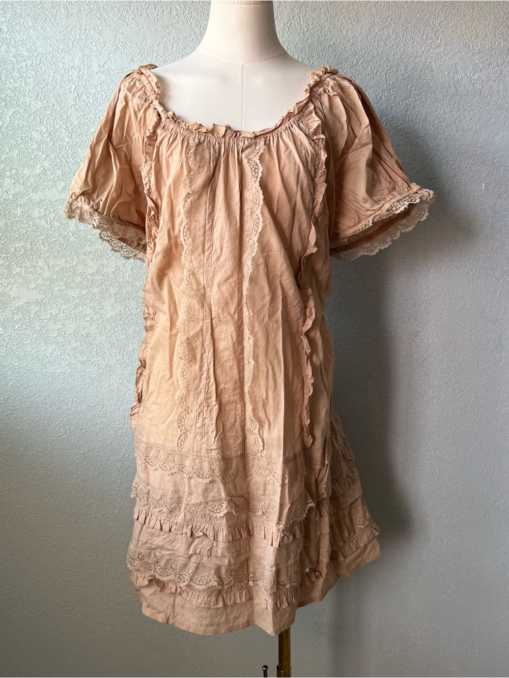 Vintage Y2K Angel Ribbons Beige Cottagecore Lace Tunic Dress Cotton Size US 26